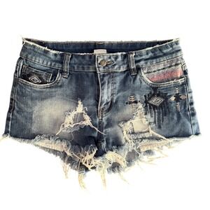 LITZ Aztec Distressed Denim Shorts Boho Festival Embroidered 29 Waist‎